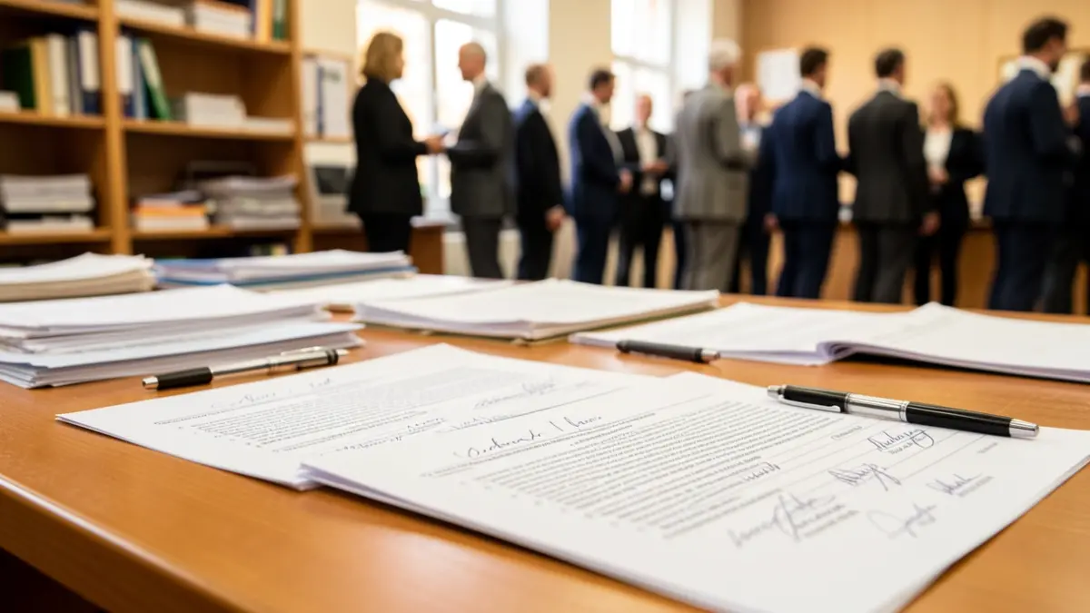 Imatge genèrica de plecs de signatures i bolígrafs sobre una taula.