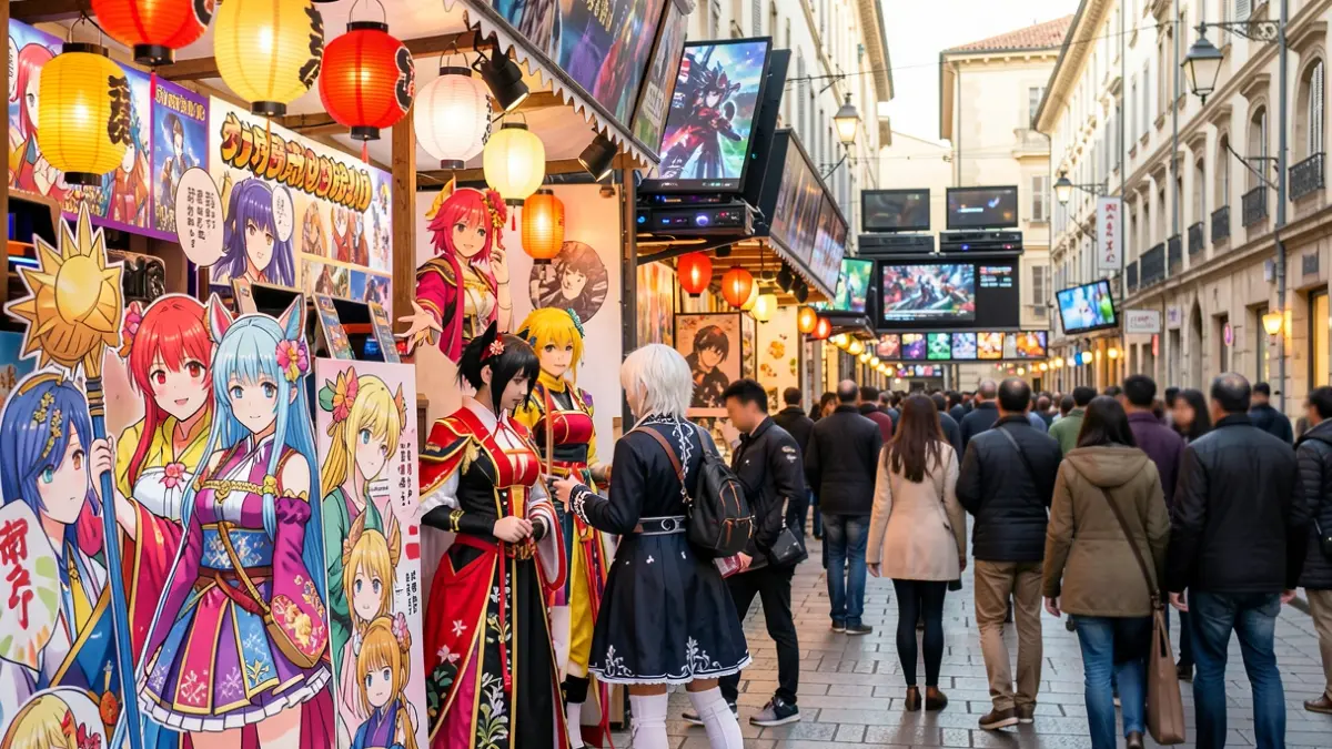 Imagen genérica de un evento de cultura otaku con elementos de manga, anime y videojuegos.