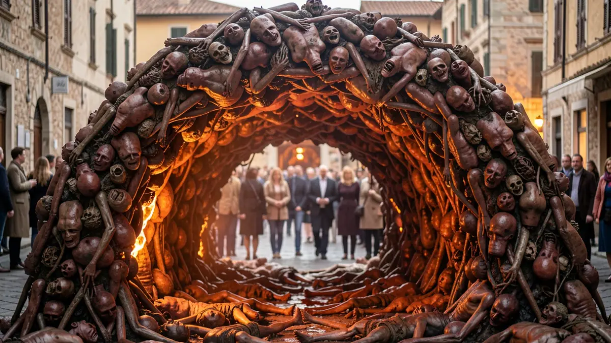 Imagen genérica de una gran estructura artística hecha de fragmentos de cuerpos humanos, evocando una puerta del infierno.