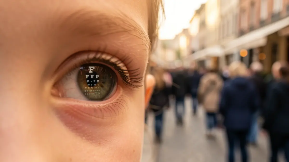 Close-up of a child's eye with a blurred digital eye chart in the pupil.