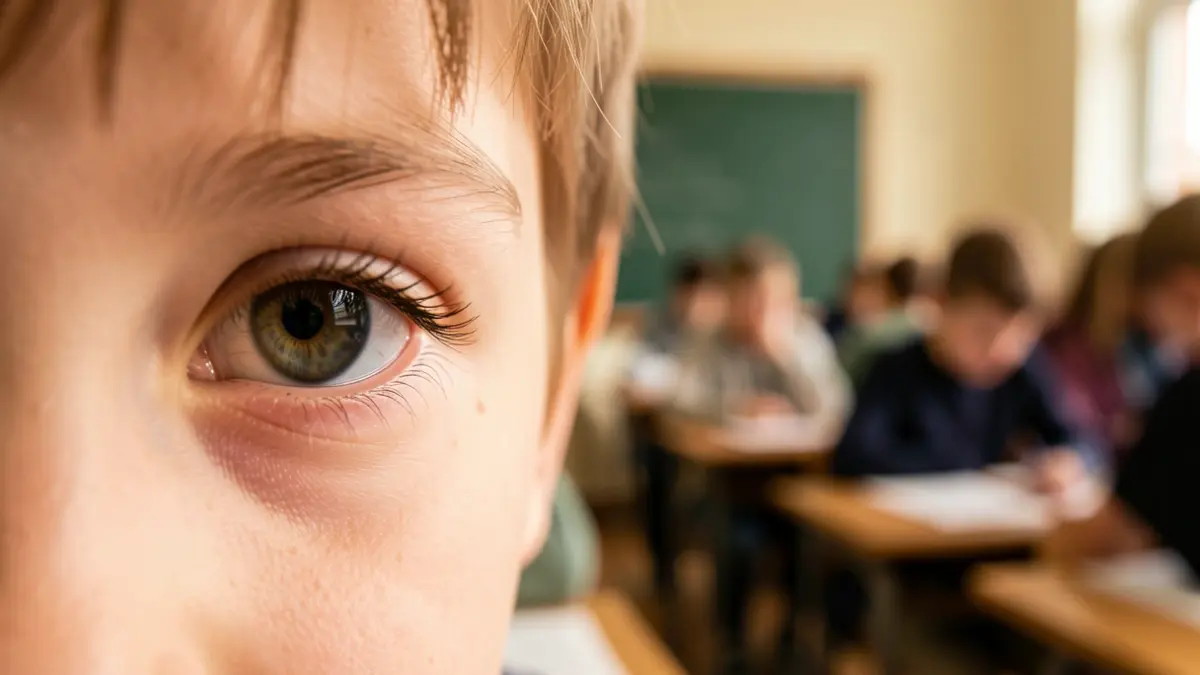 Close-up of a child's eye with a blurred background, suggesting a study environment.