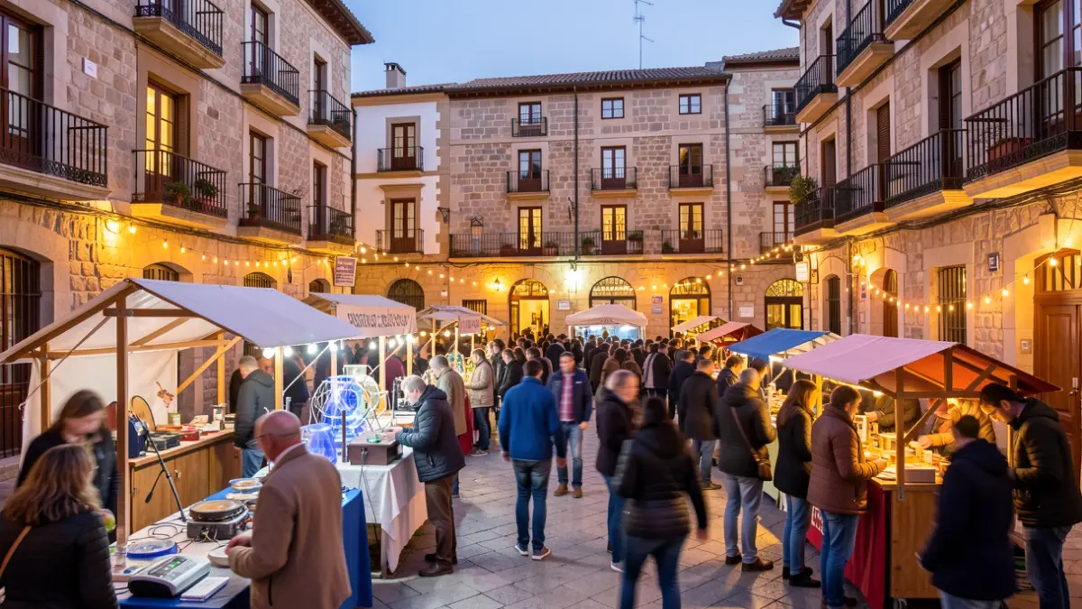 Imatge genèrica d'una plaça de poble català durant la Nit de la Recerca, amb gent interactuant amb exposicions científiques sota llums càlides.