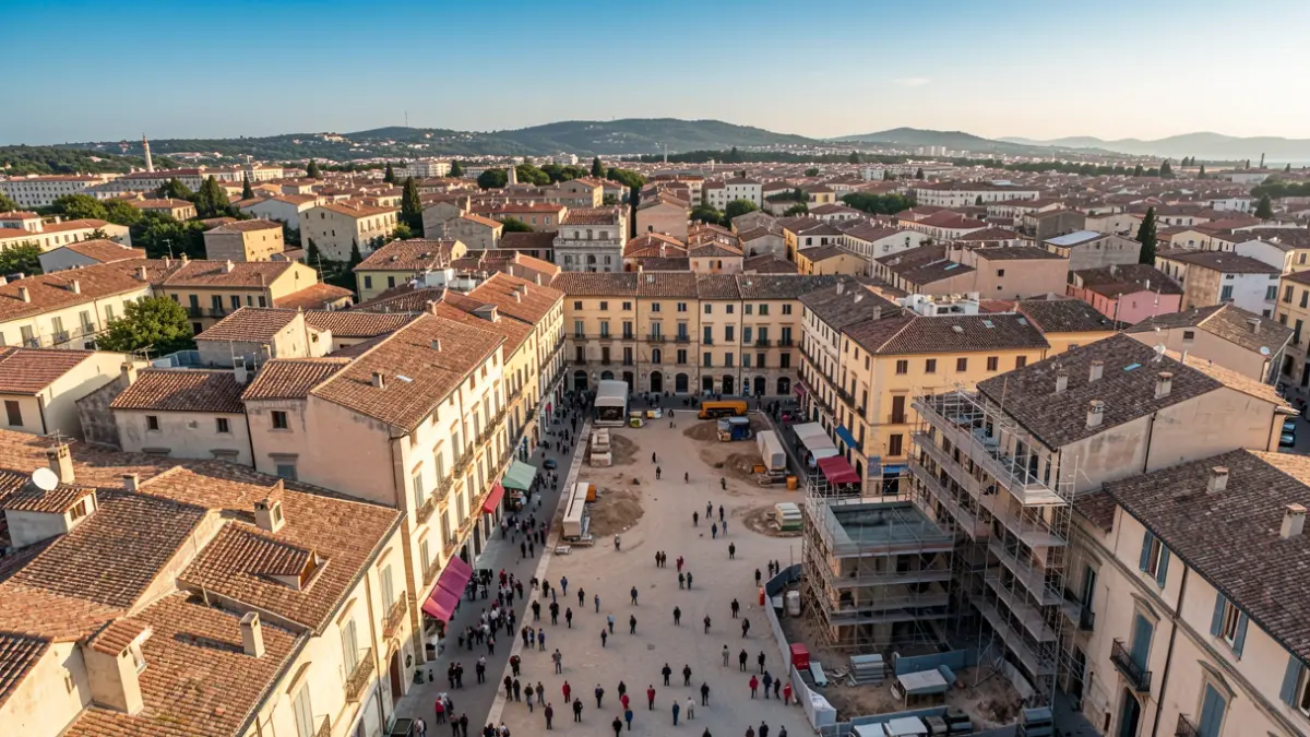 Vista aèria d'una illa d'edificis al centre històric de Lleida amb obres.