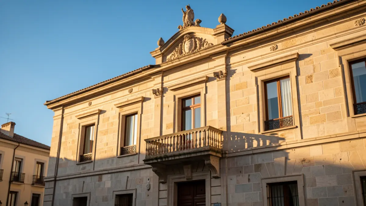 Facade of the Lleida City Hall (Paeria) with a balcony under the afternoon sun.