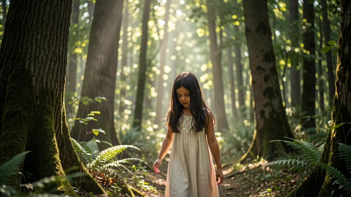 Young girl exploring a magical forest in Catalunya.