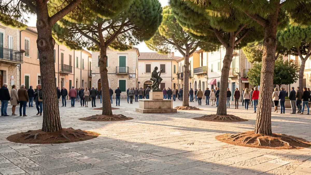 Generic image of a renovated square with trees and stone pavement.