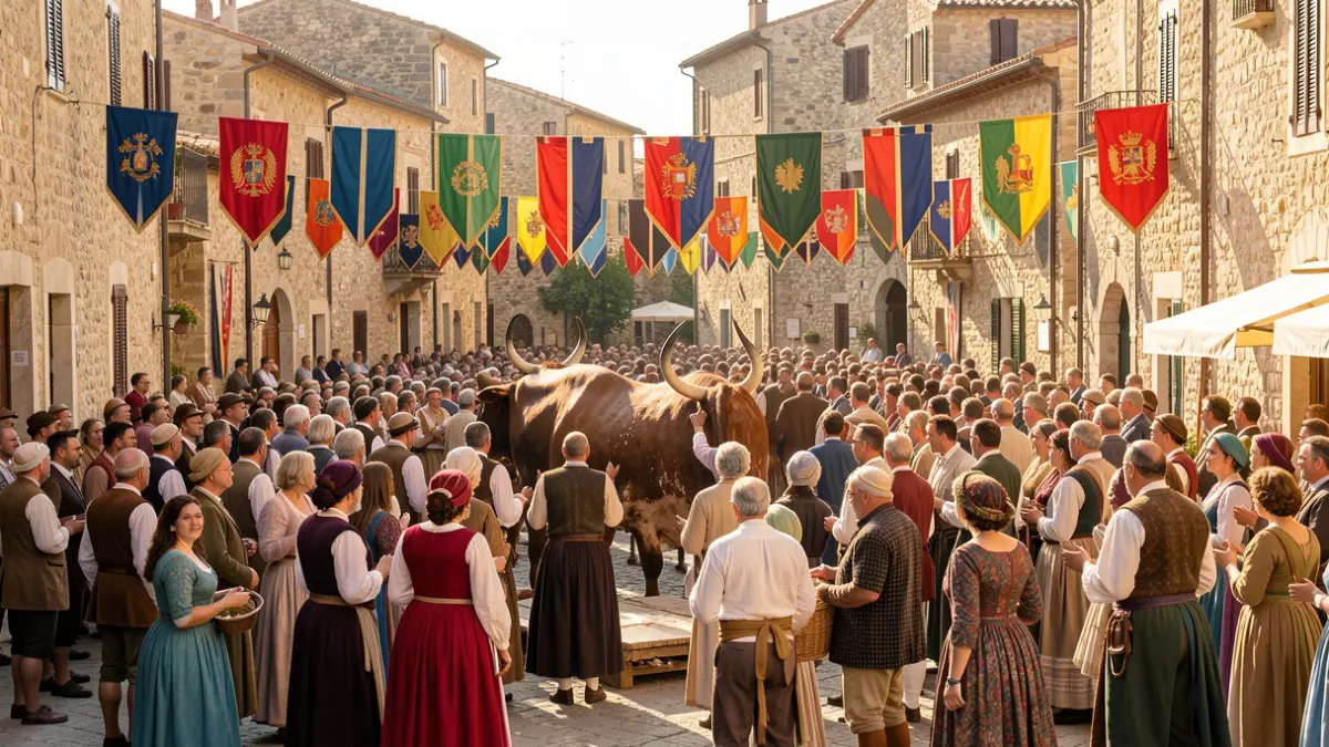 Generic image of a popular festival in Catalonia with people and festive elements.