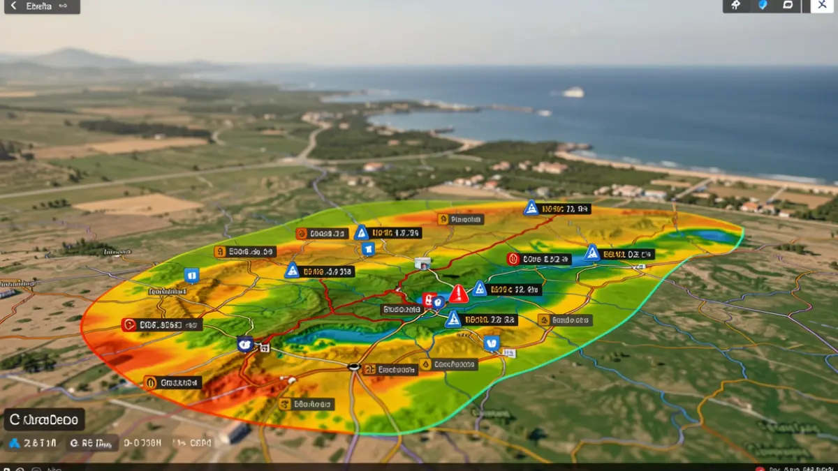 Interfaz de un mapa digital con datos meteorológicos en tiempo real y zonas de riesgo de inundación en el Delta del Ebro.