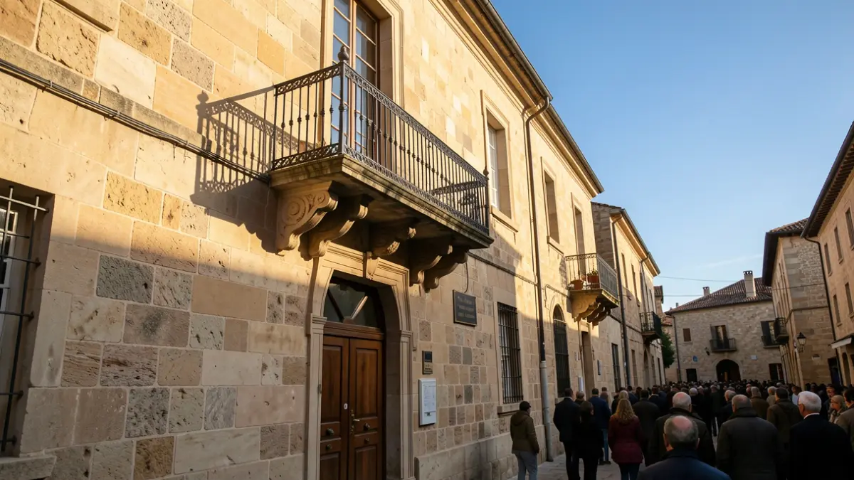 Imagen genérica de la fachada de un ayuntamiento de piedra con balcón y barandillas de hierro, luz cálida de tarde y cielo azul.