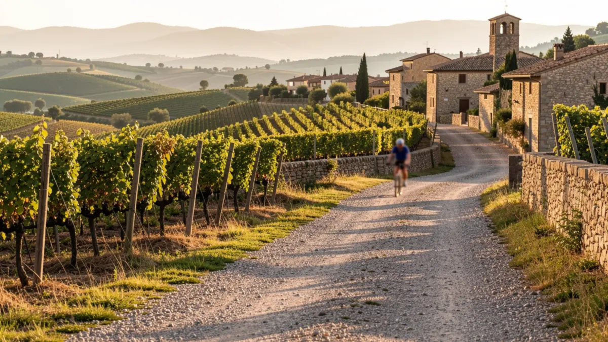 Ruta de Gravel del Vallès Oriental con paisaje de viñedos y camino de tierra.