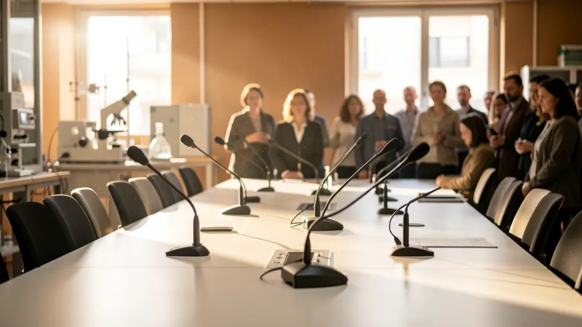 Sala de actos del laboratorio de la Agencia de Salud Pública de Barcelona con micrófonos y equipamiento científico.