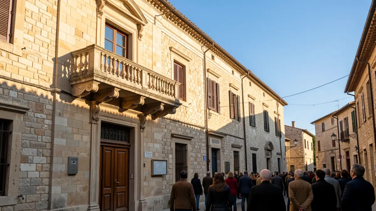 Façana d'un ajuntament de pedra amb balcó i cel blau.