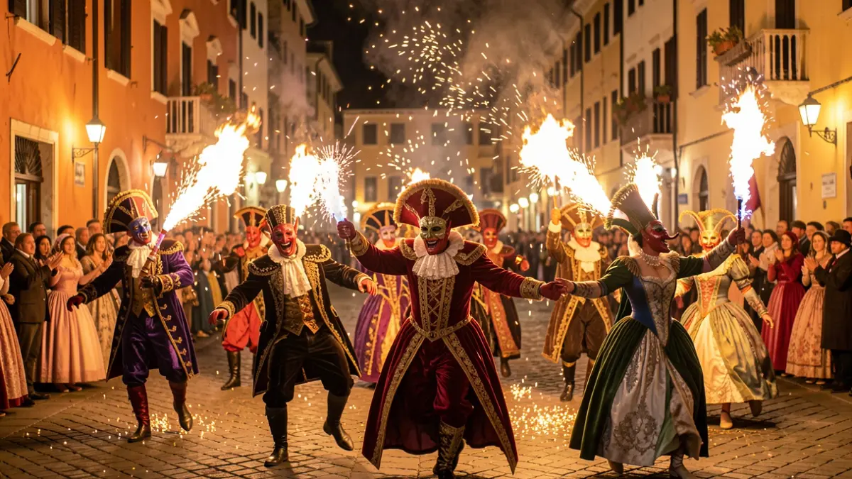 Correfoc inspired by Venetian masquerade balls during the Festa Major of La Seu d'Urgell.