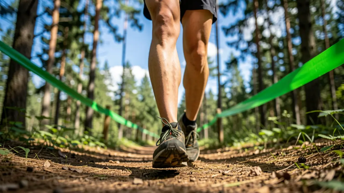 Runner's feet in trail running shoes crossing a path marked with green ribbons in a forest.