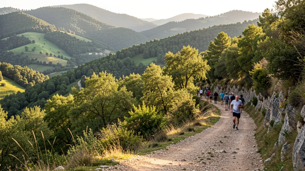 Mountain trail in Vall de Bianya with a distant runner.
