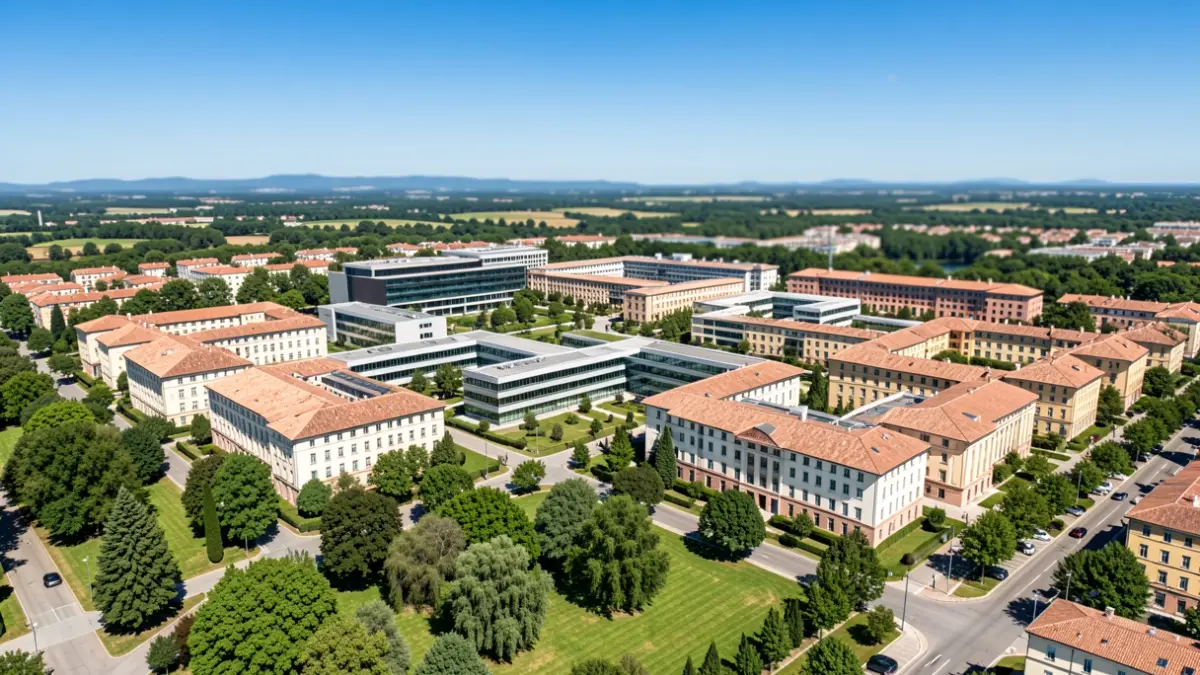 Vista aérea del campus de la Universidad Autónoma de Barcelona en Bellaterra, mostrando su extensión y edificios.