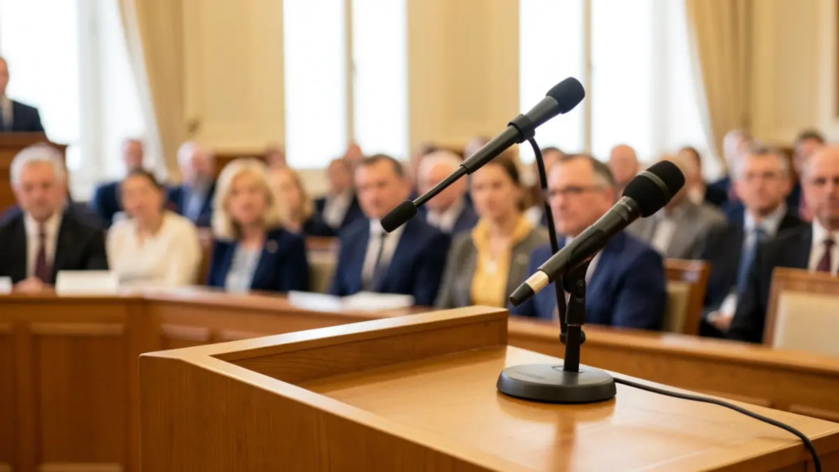 Generic image of a podium with a microphone.
