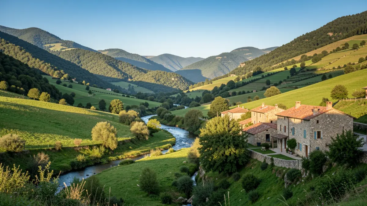 Panoramic view of the Aran Valley with green mountains and stone houses.