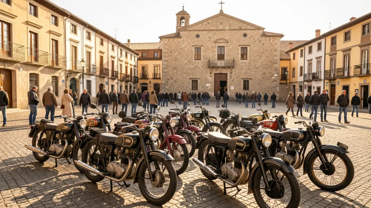 Motocicletas clásicas aparcadas en una plaza de pueblo catalán con un edificio consistorial al fondo.