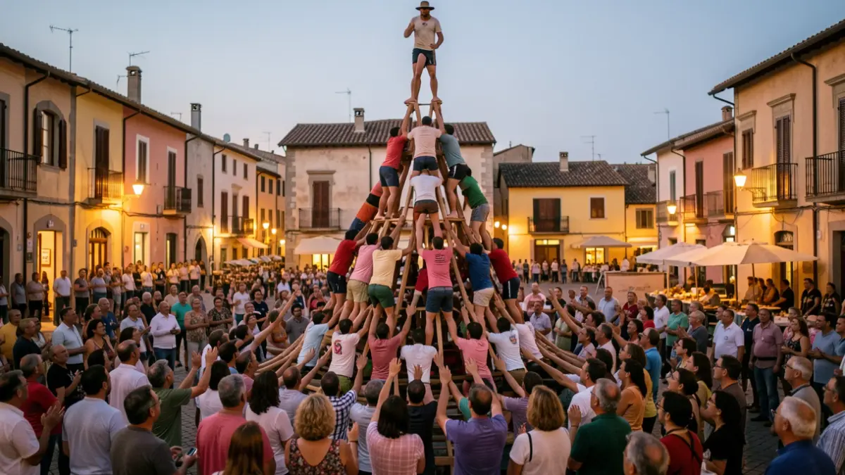 Generic image of a human tower ('castell') performance at night with a crowd in the background.