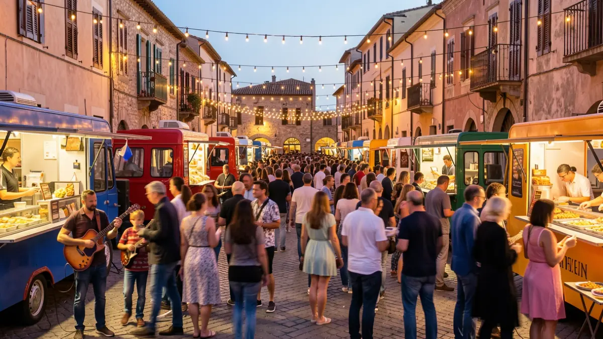 Ambiente festivo en la Muestra de Cerveza Artesana de les Terres de l'Ebre con food trucks y música.