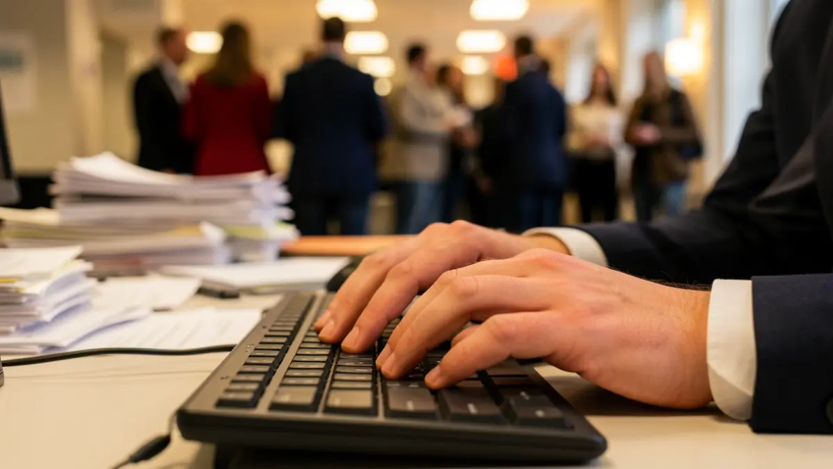 Imatge genèrica d'un escriptori d'oficina amb mans sobre el teclat.