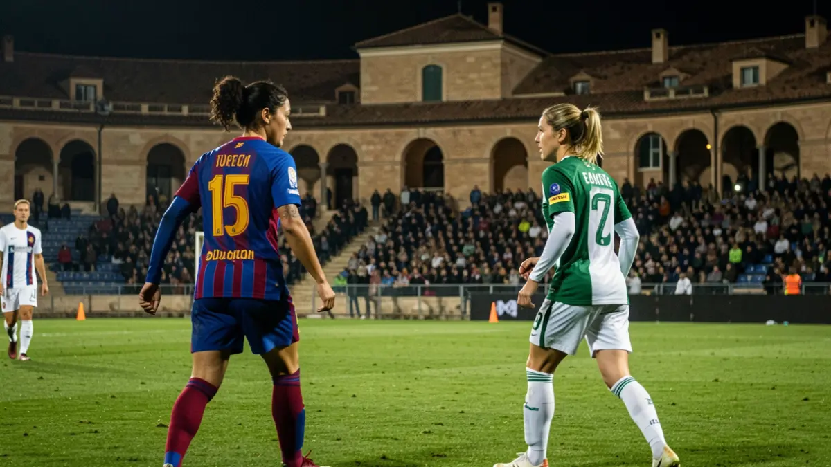 Jugadores de futbol femení de l'AEM i l'Europa preparant-se per al partit de Copa de la Reina sota els focus.