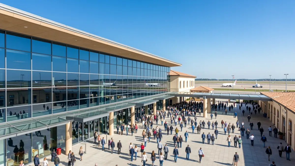 Generic image of a modern airport with a blue sky.