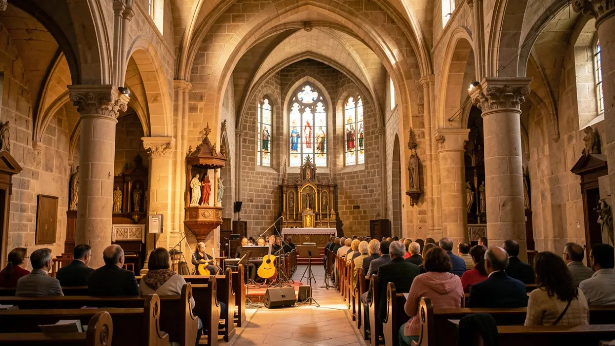 Interior d'una església antiga amb un escenari per a un concert.