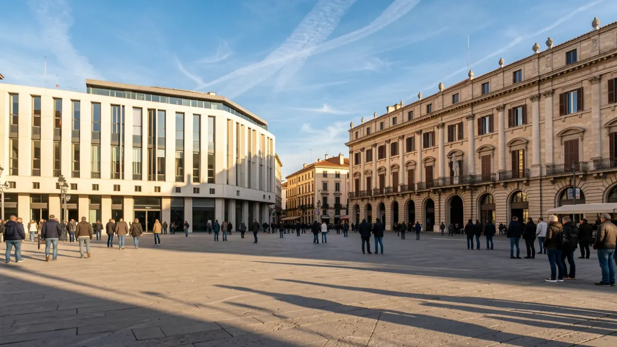 Imagen genérica de dos fachadas de ayuntamientos, una moderna y otra histórica, en una plaza de ciudad mediterránea.