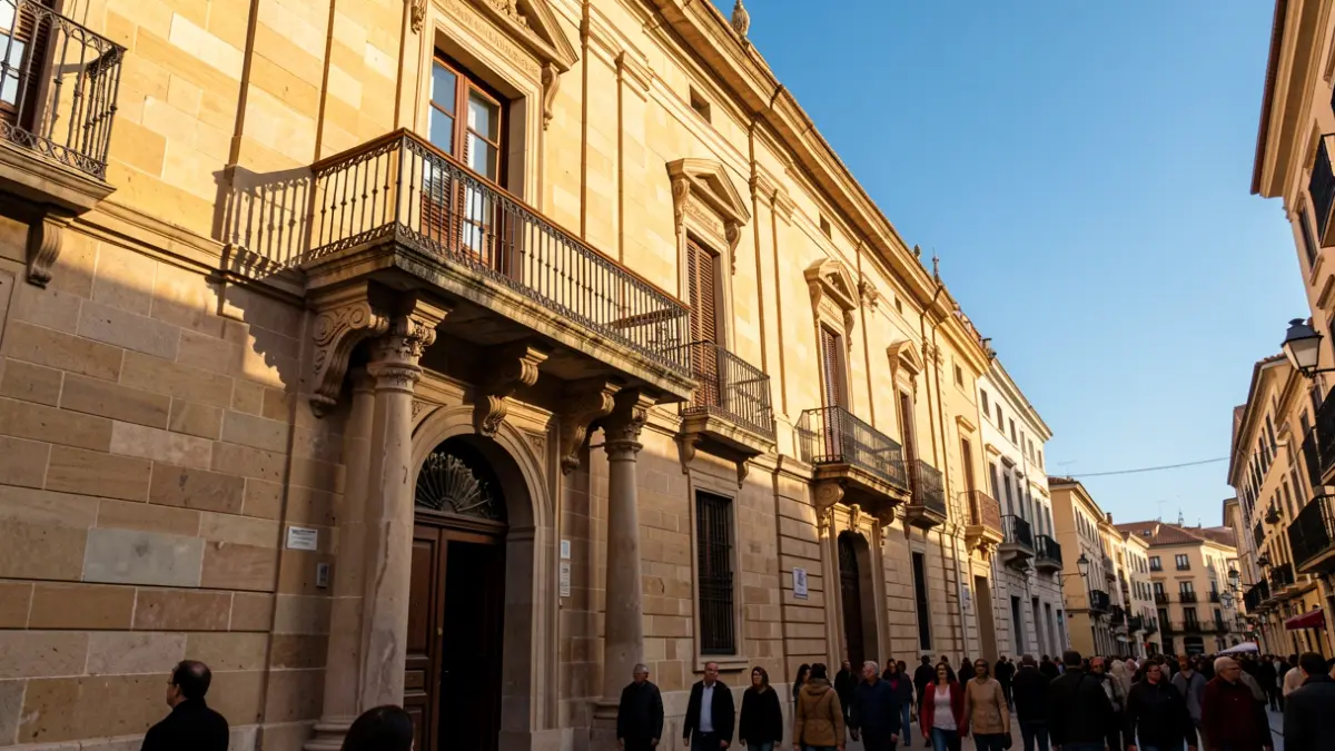Generic image of a stone town hall facade in Barcelona with a balcony and blue sky.
