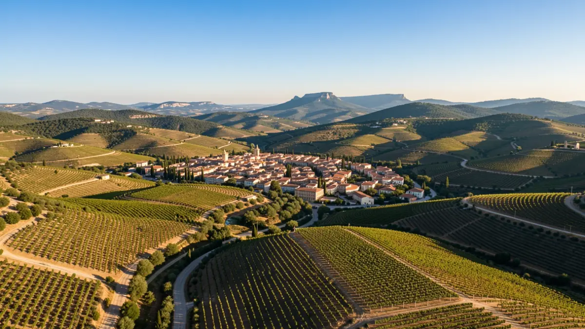 Vista aérea de paisaje mediterráneo con viñedos y pueblos del Alt Penedès y el Garraf.
