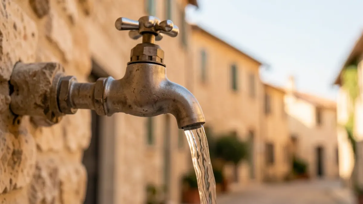 Grifo abierto con agua clara sobre un fondo de arquitectura mediterránea.