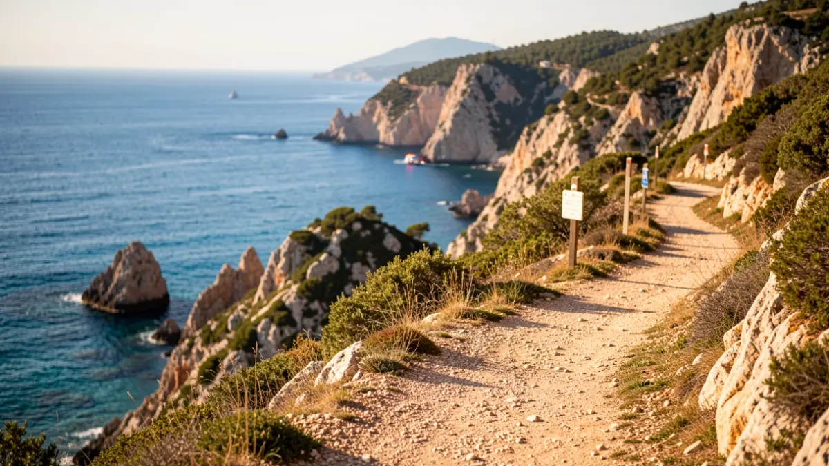 Sender litoral del GR-92 a l'Ametlla de Mar amb senyalització i llums d'emergència a la distància.