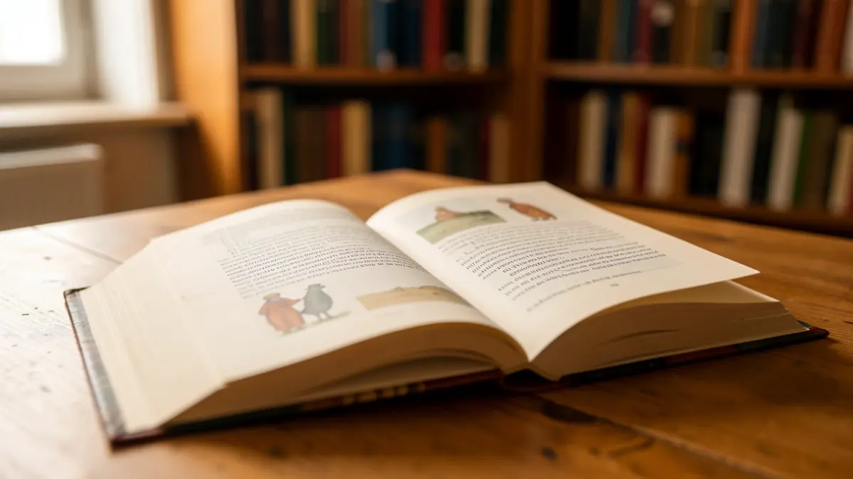 Llibre obert sobre una taula de fusta amb il·lustracions subtils.
