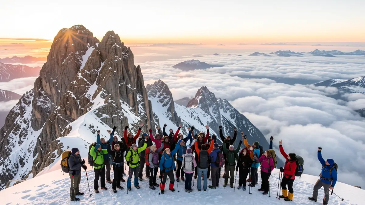 Generic image of a group of hikers celebrating on a mountain summit.