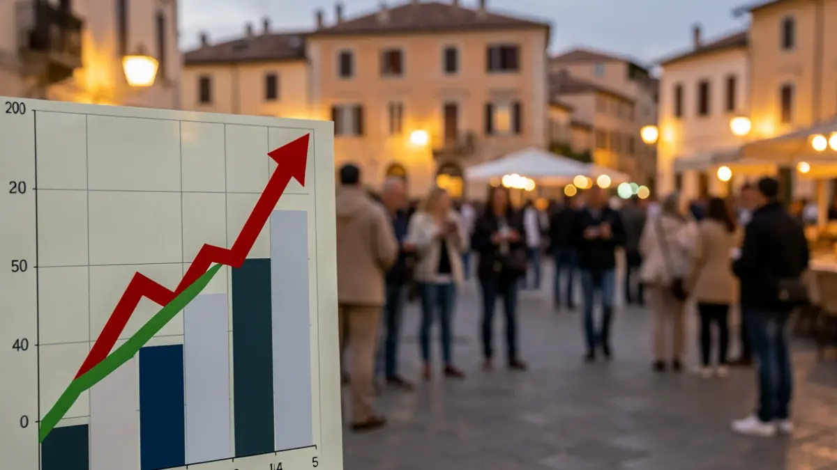 Gráfico de desempleo ascendente sobre un entorno urbano.