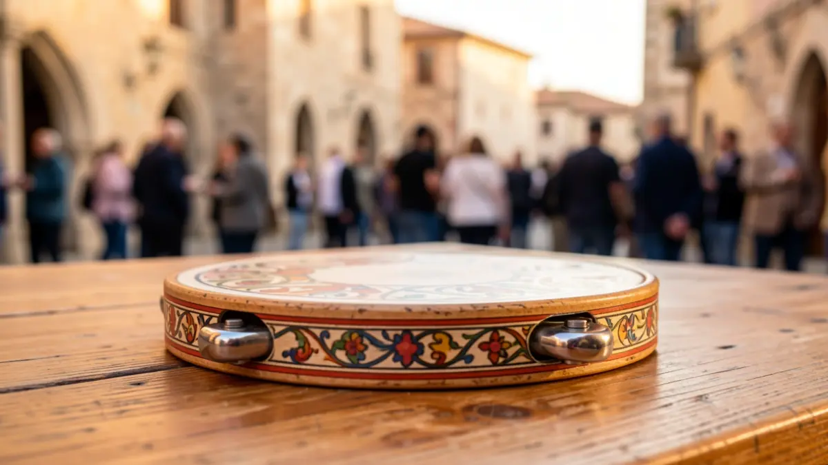 Image of a traditional Catalan tambourine on a wooden table.