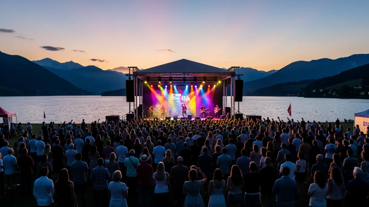 Imagen genérica de un concierto al aire libre con público y un embalse al fondo.