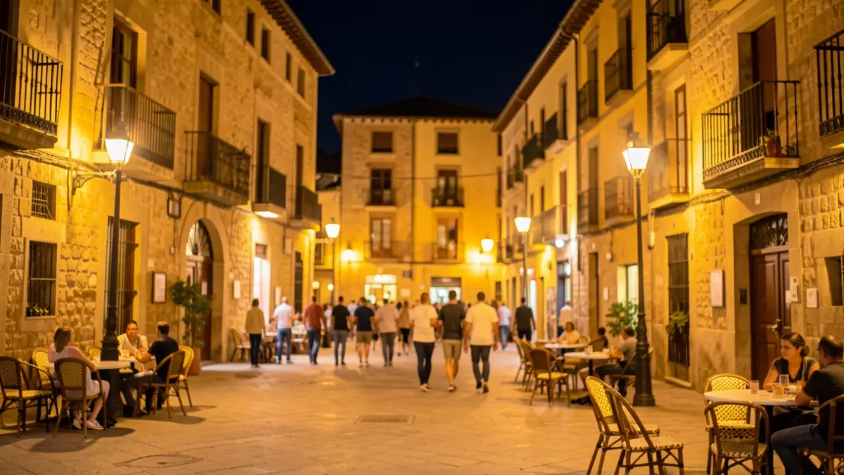 Generic image of a town square in Catalunya illuminated at night.