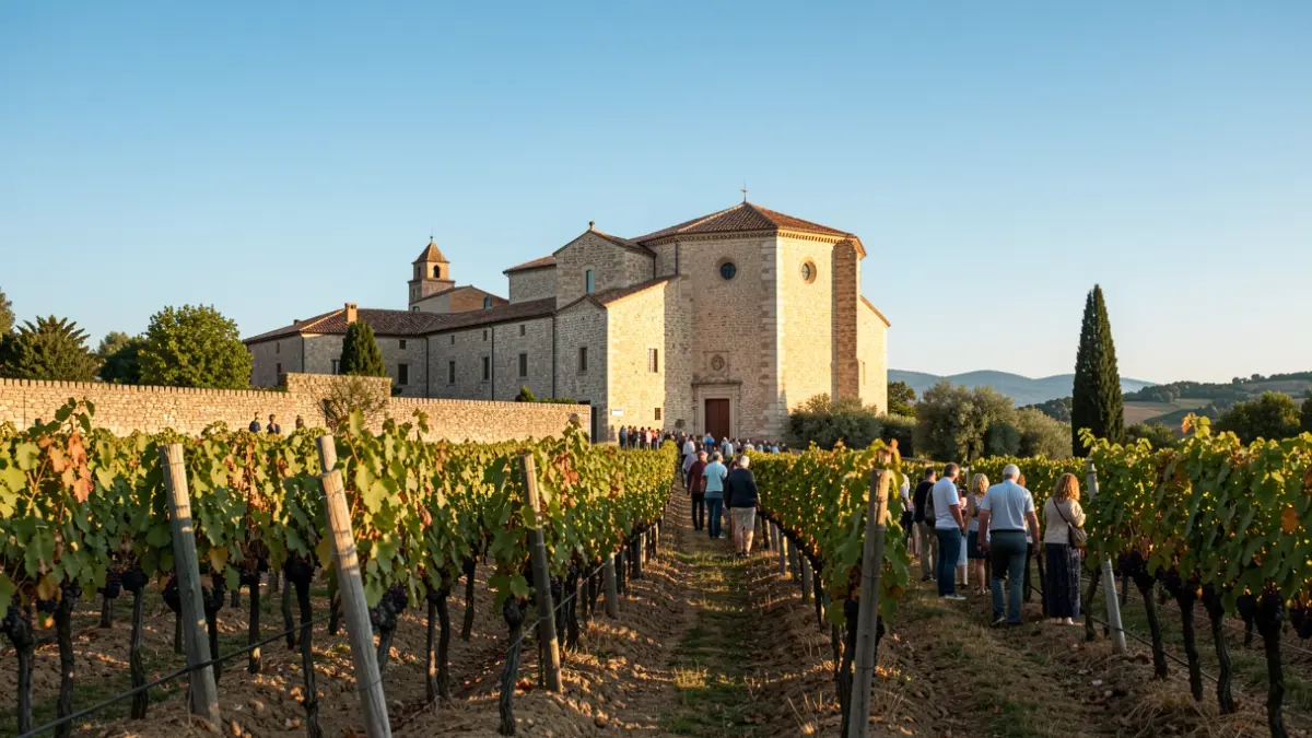 Vinya del monestir de Sant Jeroni de la Murtra amb el celler al fons.