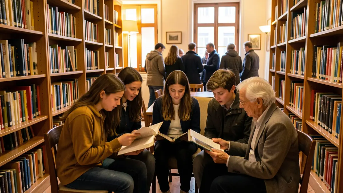 Imagen genérica de biblioteca con alumnado y personas mayores leyendo juntas.