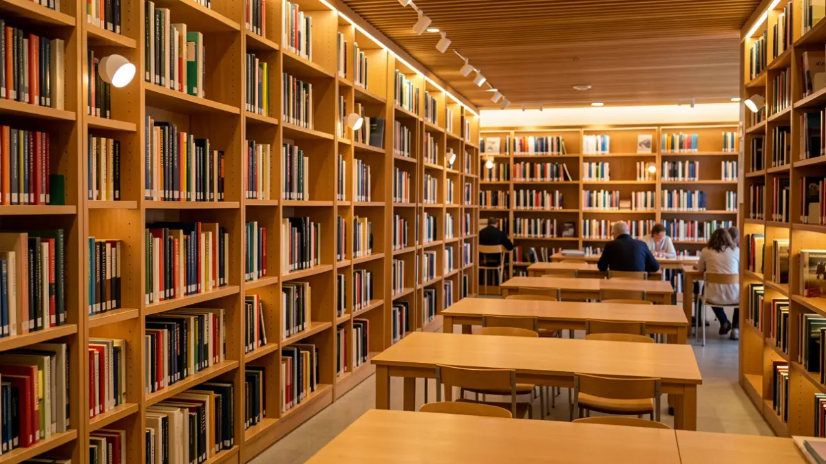 Interior de una biblioteca en Catalunya con estanterías llenas de libros.