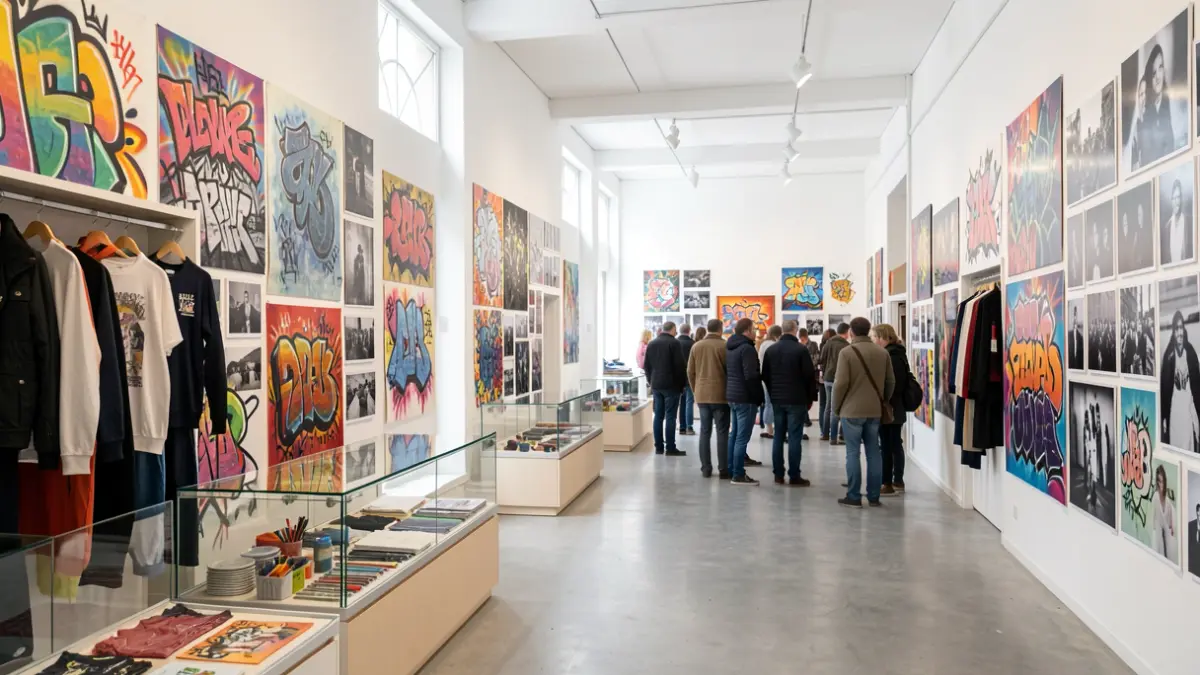 Interior d'una sala d'exposicions amb obres d'art urbà, fotografies i peces de roba.