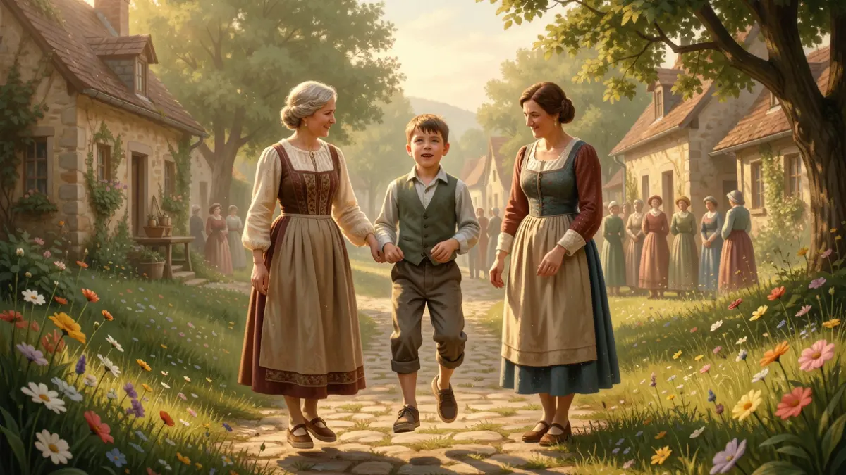 Nen amb tres dones en un entorn rural, simbolitzant la maternitat i la infància.