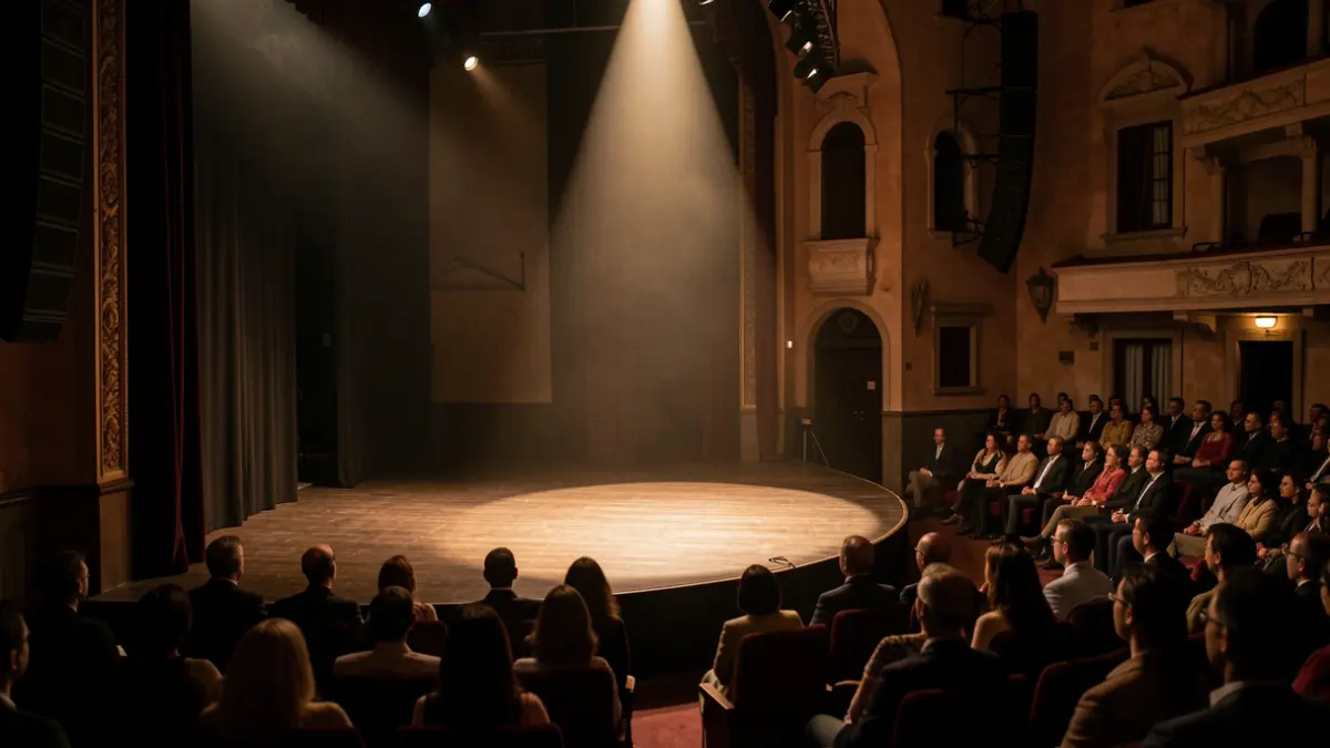 Escena d'un teatre amb un focus il·luminant l'escenari buit.