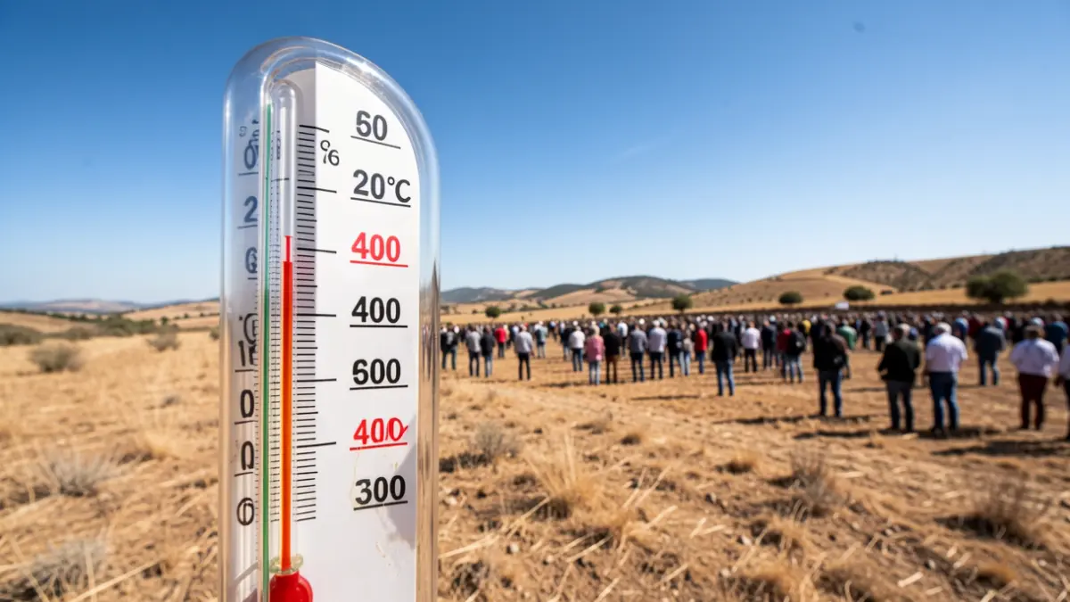 Thermometer showing over 40 degrees Celsius in a dry and sunny Catalan landscape.
