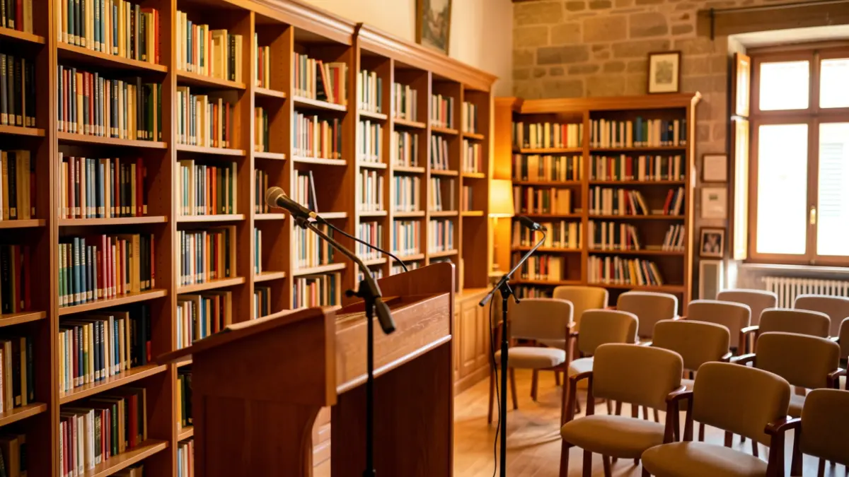 Generic image of a library with a microphone set up for a cultural event.