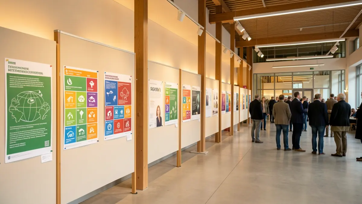 Interior d'un centre cívic amb una exposició sobre els Objectius de Desenvolupament Sostenible.