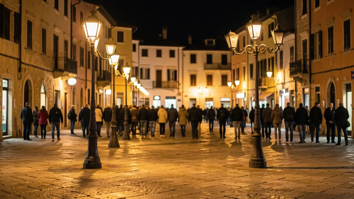 Imatge genèrica d'una plaça de ciutat mediterrània a la nit amb llums de carrer.